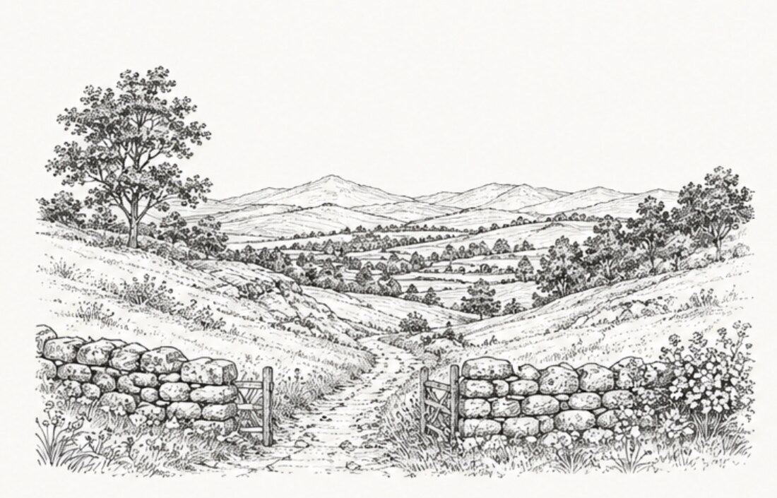 Line illustration of a stone-walled gate opening onto a path through rolling hills, with a single old tree at the threshold.