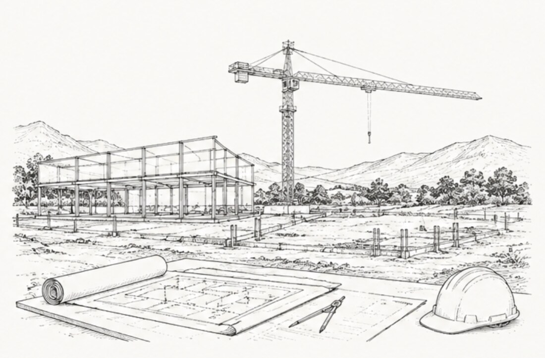 Line illustration of a construction site with a tower crane, half-built steel frame, and architectural blueprints with a hard hat in the foreground.