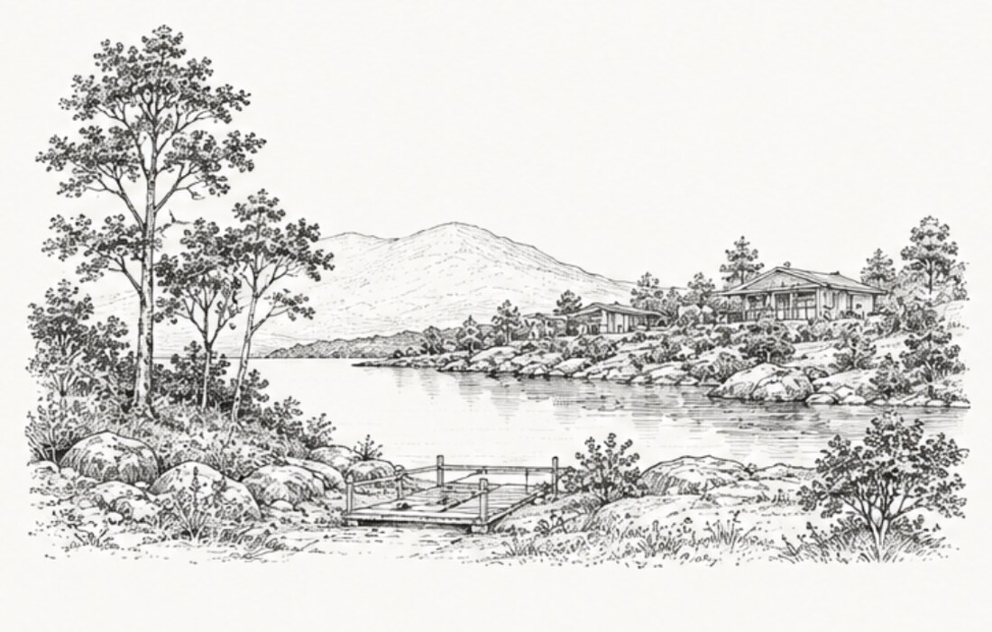 Line illustration of a house by a lake with a small dock, trees framing the water, mountains in the distance.