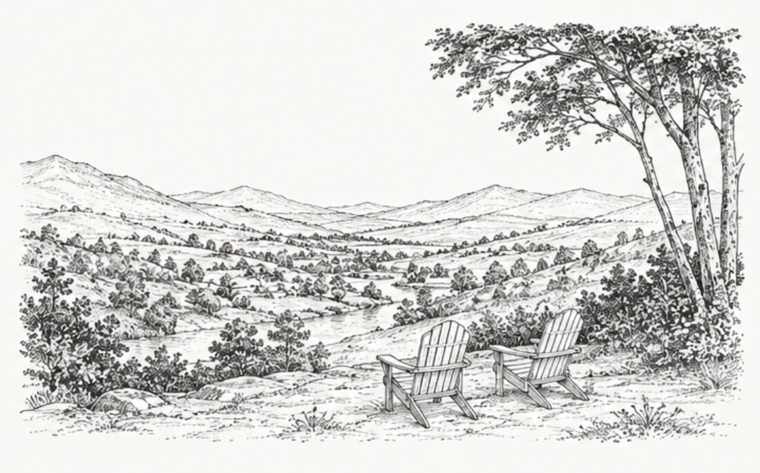 Line illustration of two empty Adirondack chairs facing rolling hills and distant mountains, beneath a single tall tree.