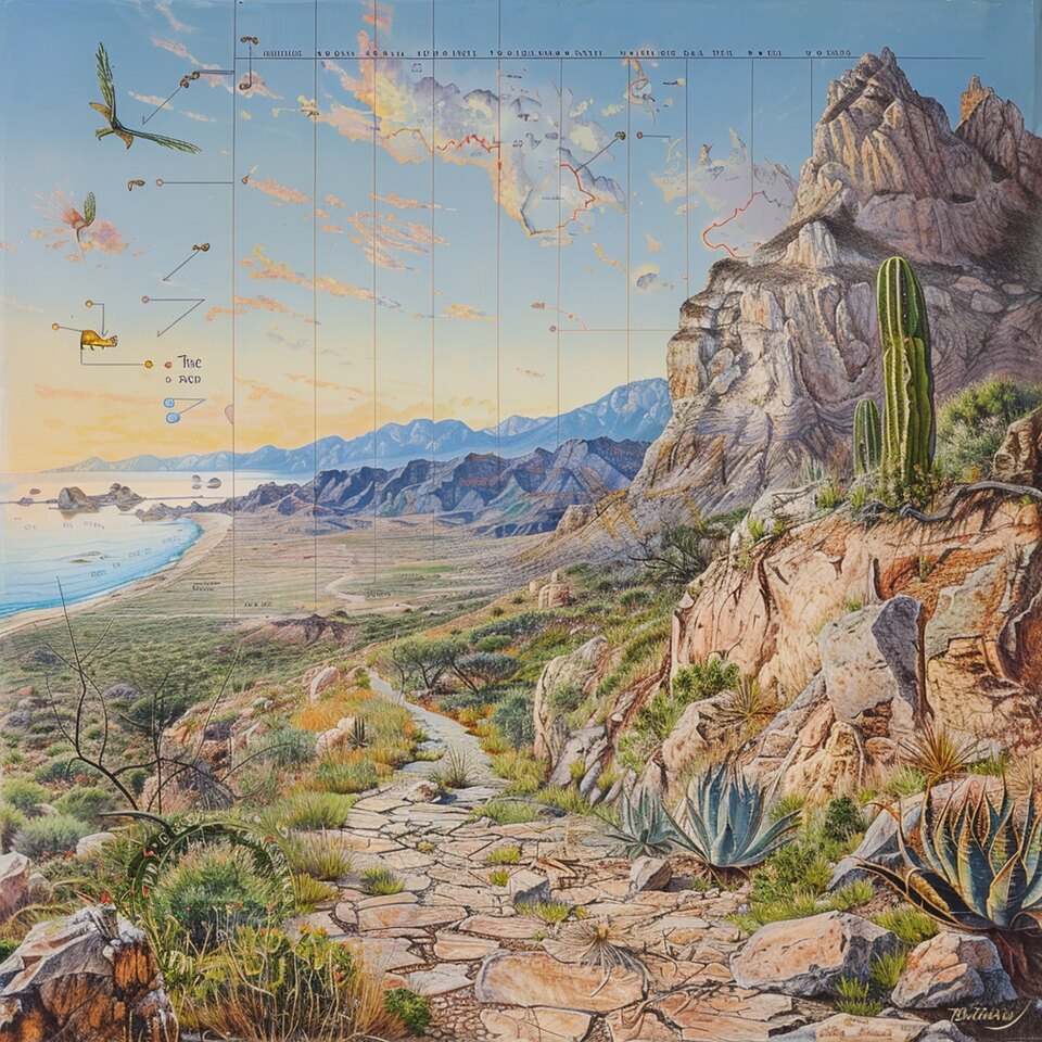 A naturalist study of a coastal landscape with mountains, cactus, and sea, after Marianne North.